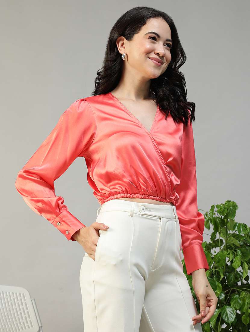 women solid long sleeve mock wrap crop top - 22082602 -  Standard Image - 1