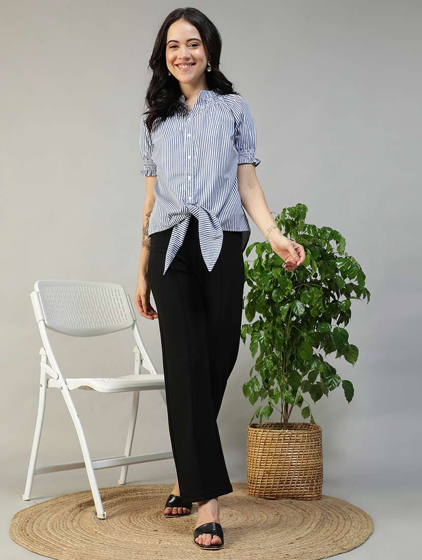 women striped puff sleeve knot detailed top - 22082603 - Standard Image - 4