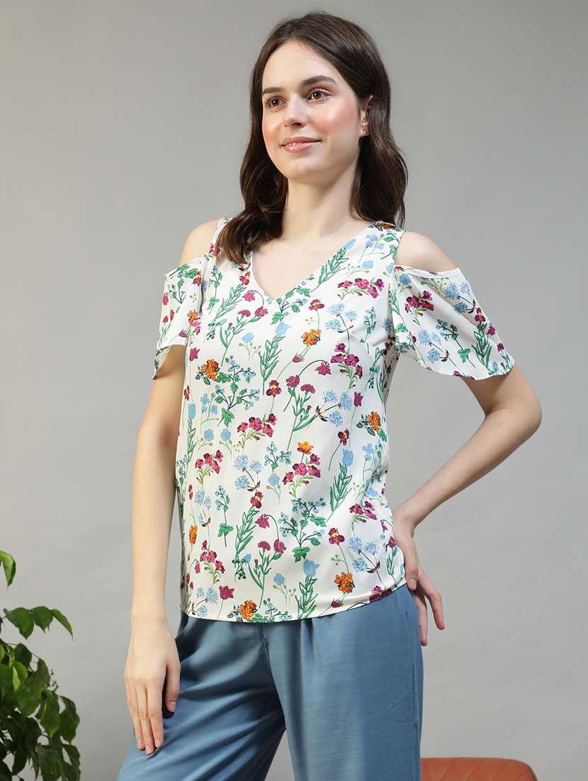 women floral print cold shoulder regular fit top - 22082604 -  Standard Image - 1