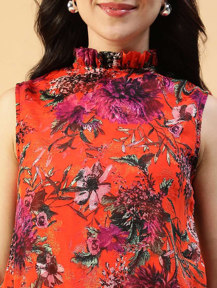 women floral print mock neck sleeve regular fit top - 22082607 - Standard Image - 4