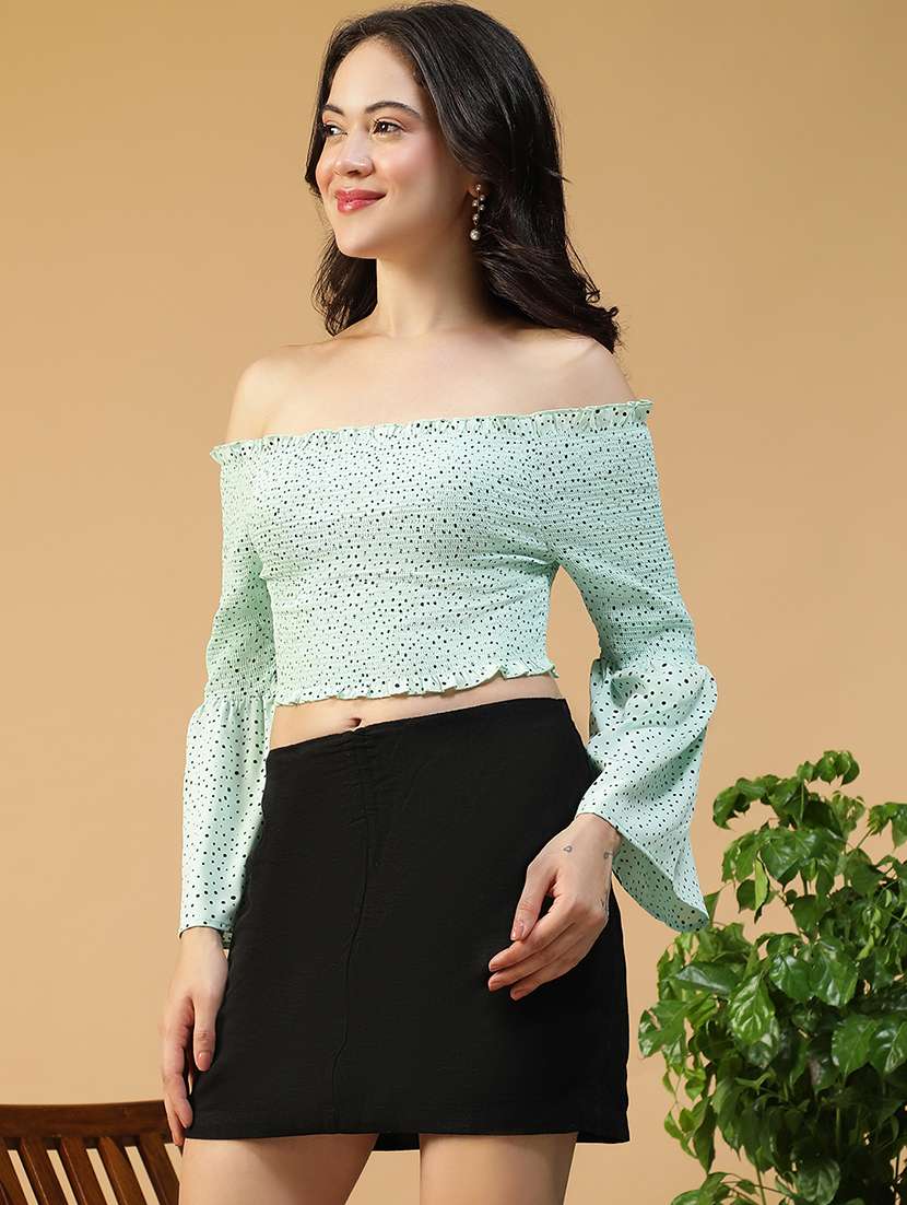women polka doted off shoulder smocked crop top - 22082608 -  Standard Image - 1
