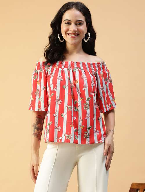women printed off shoulder short sleeve regular top - 22082610 -  Standard Image - 0