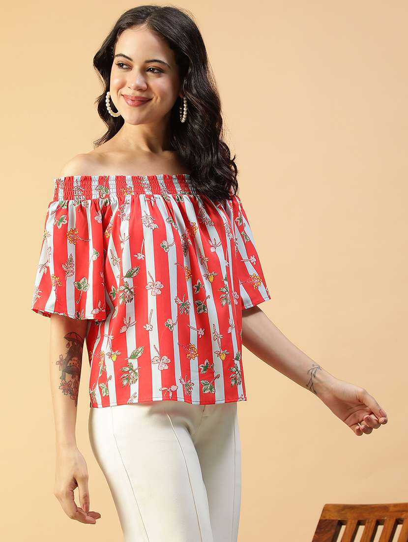 women printed off shoulder short sleeve regular top - 22082610 -  Standard Image - 1