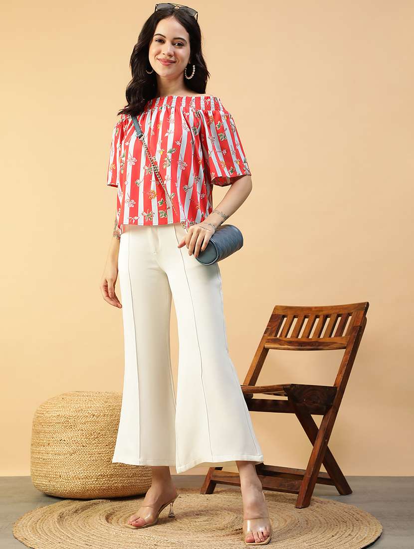 women printed off shoulder short sleeve regular top - 22082610 - Standard Image - 4