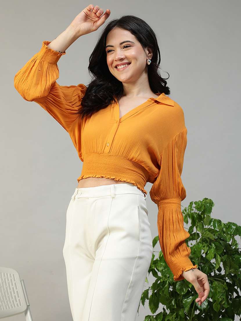 women solid puff sleeve collared crop top - 22082614 -  Standard Image - 1