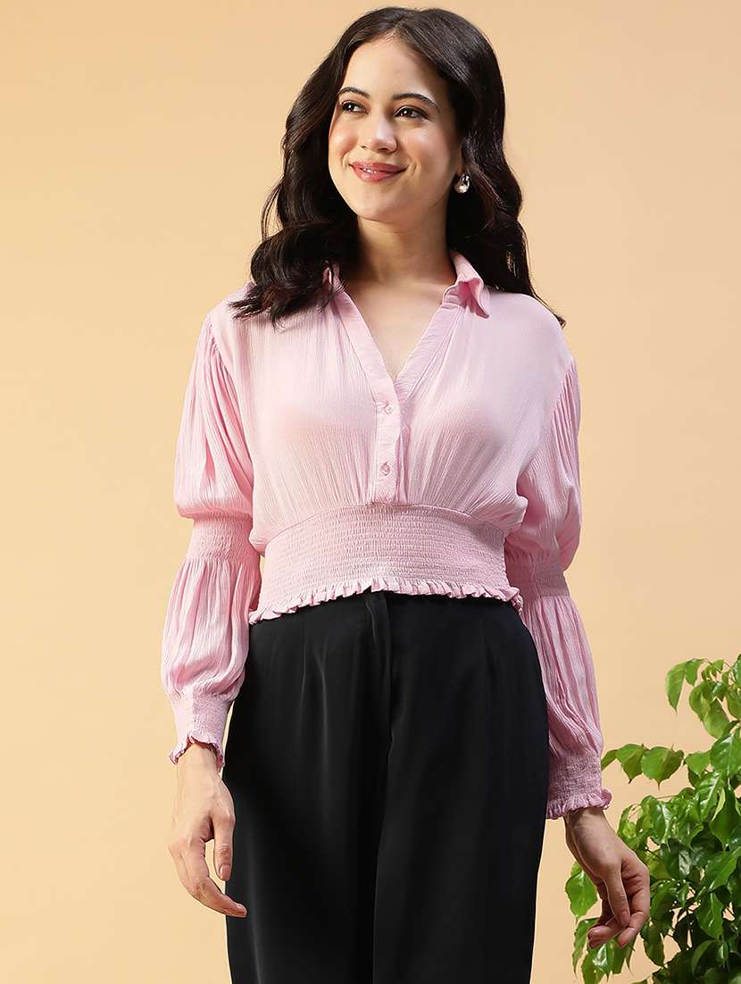 women solid puff sleeve collared smocked crop top