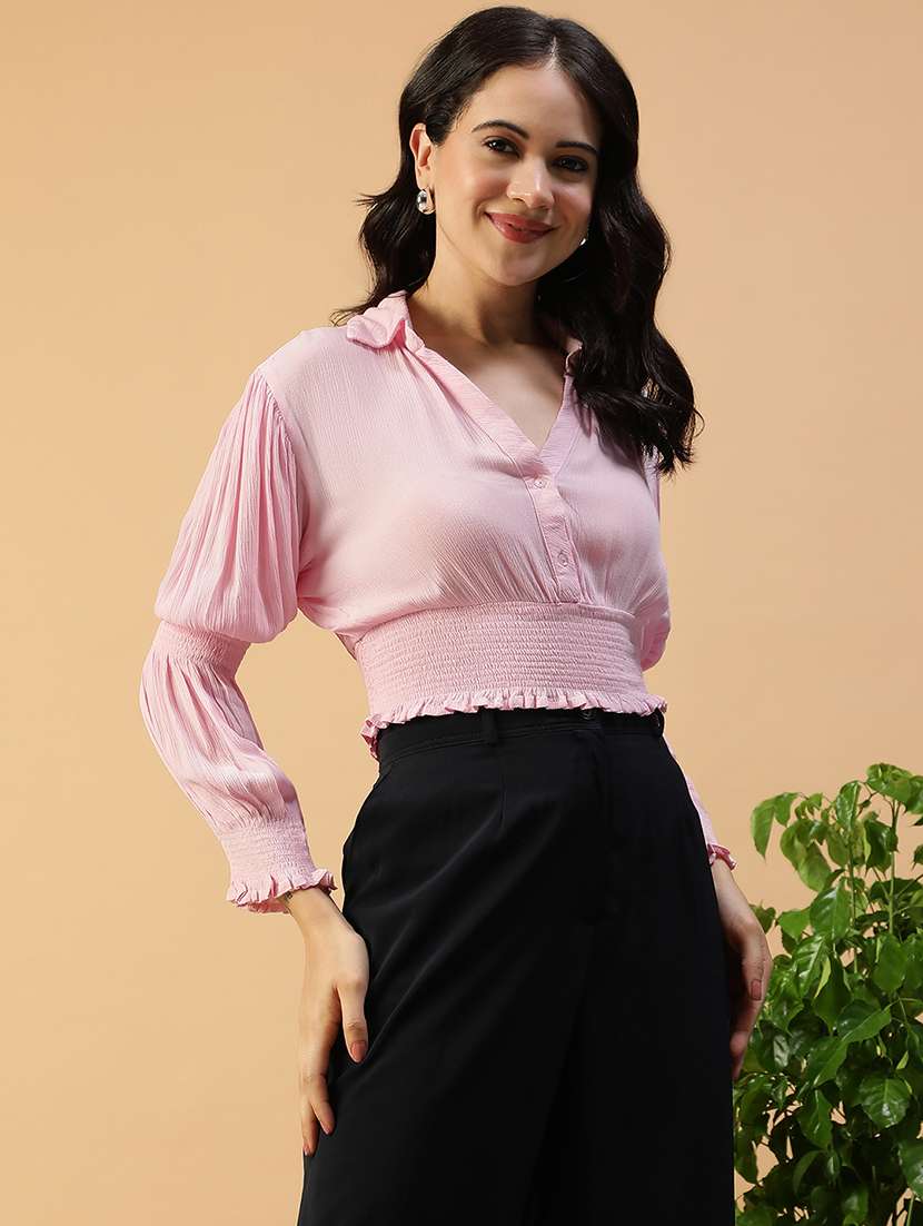 women solid puff sleeve collared smocked crop top - 22082615 -  Standard Image - 1