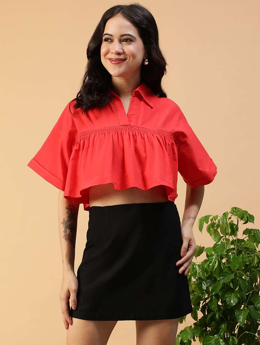 women solid bell sleeve collared crop top - 22082621 -  Zoom Image - 0