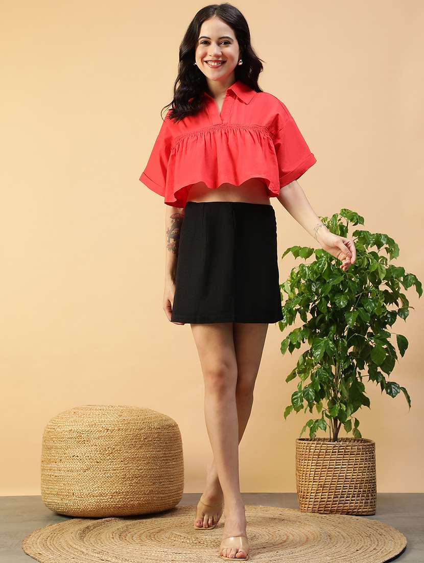 women solid bell sleeve collared crop top - 22082621 - Standard Image - 4