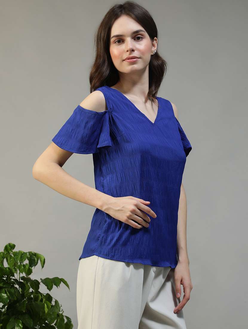 women blue solid cold shoulder regular fit top - 22082624 -  Standard Image - 1