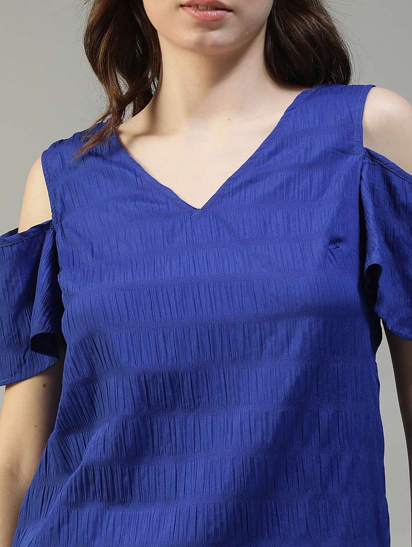 women blue solid cold shoulder regular fit top - 22082624 -  Standard Image - 4