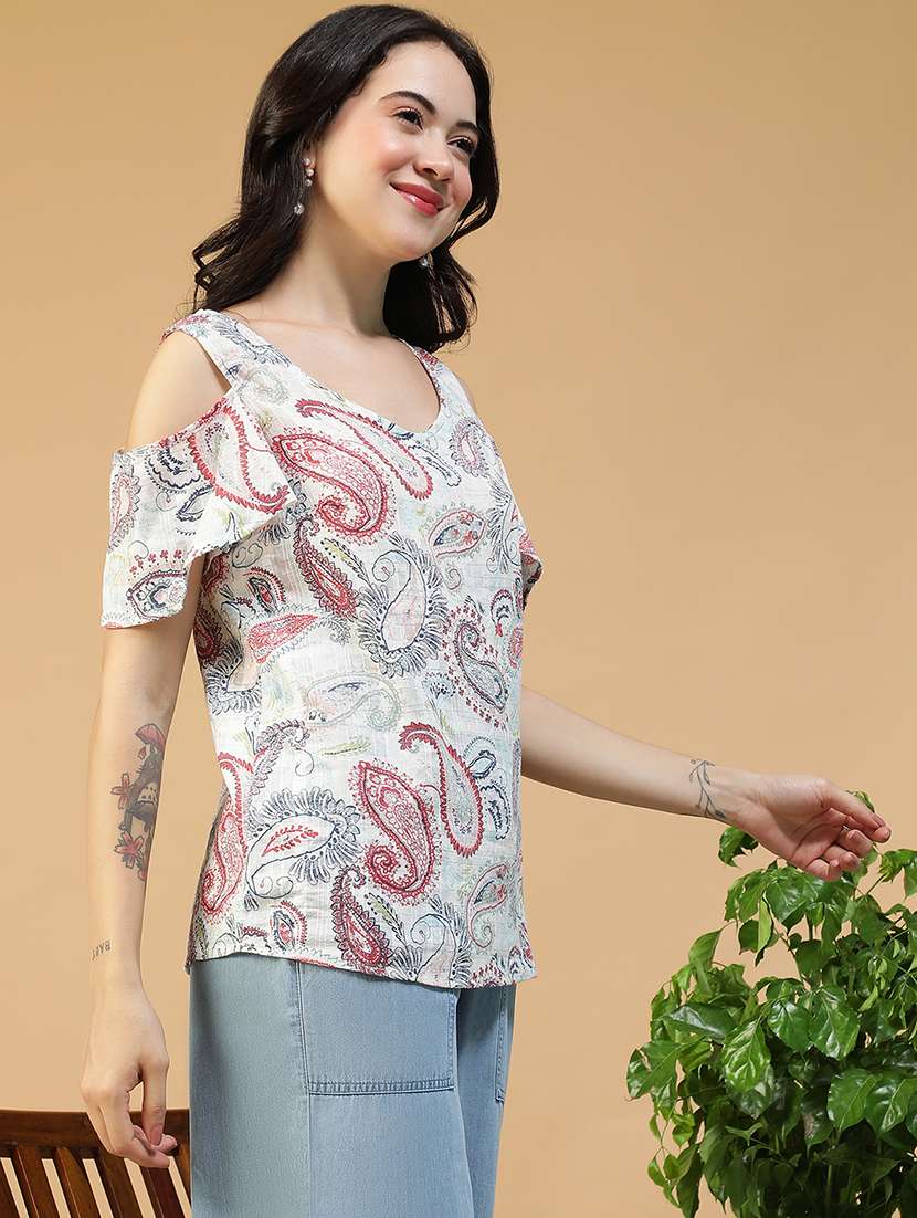 women printed cold shoulder regular fit top - 22082626 -  Standard Image - 1