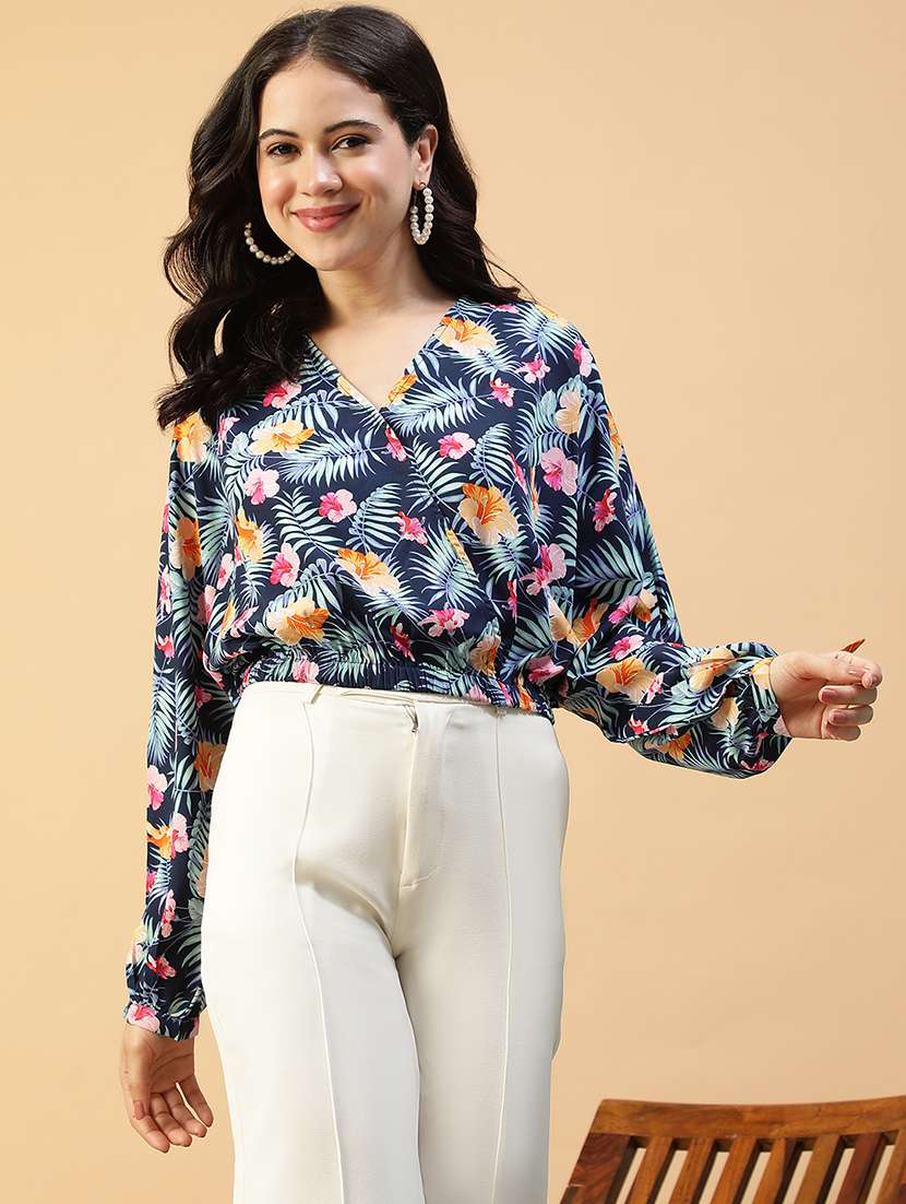 women printed puff sleeve blouson top