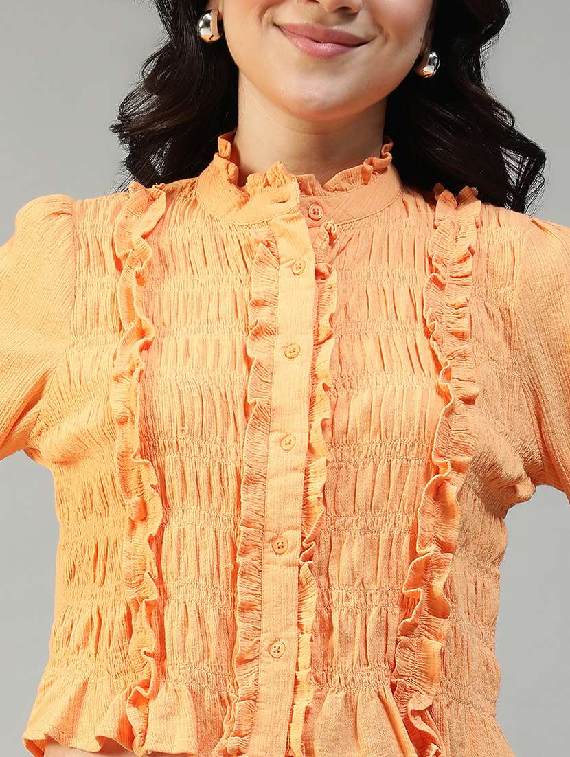 women solid long sleeve ruffle detailed crop top - 22082631 - Standard Image - 4