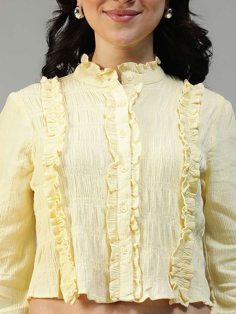 women solid long sleeve ruffle detailed crop top - 22082632 - Standard Image - 4