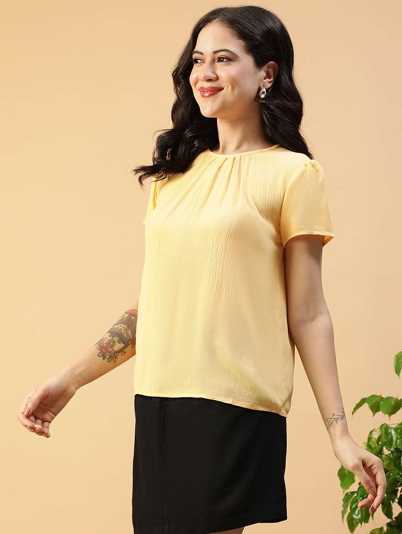 women solid round neck puff sleeve regular top - 22082634 -  Standard Image - 1