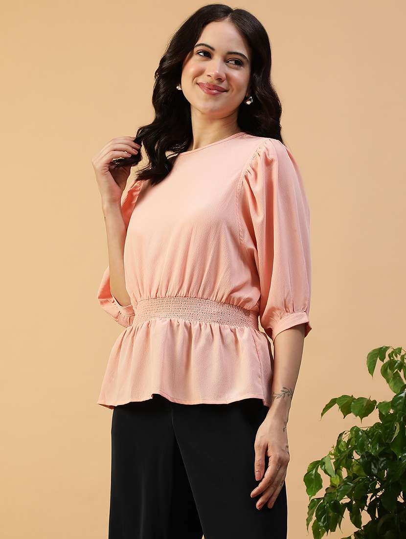 women solid puff sleeve peplum top - 22082635 -  Standard Image - 1
