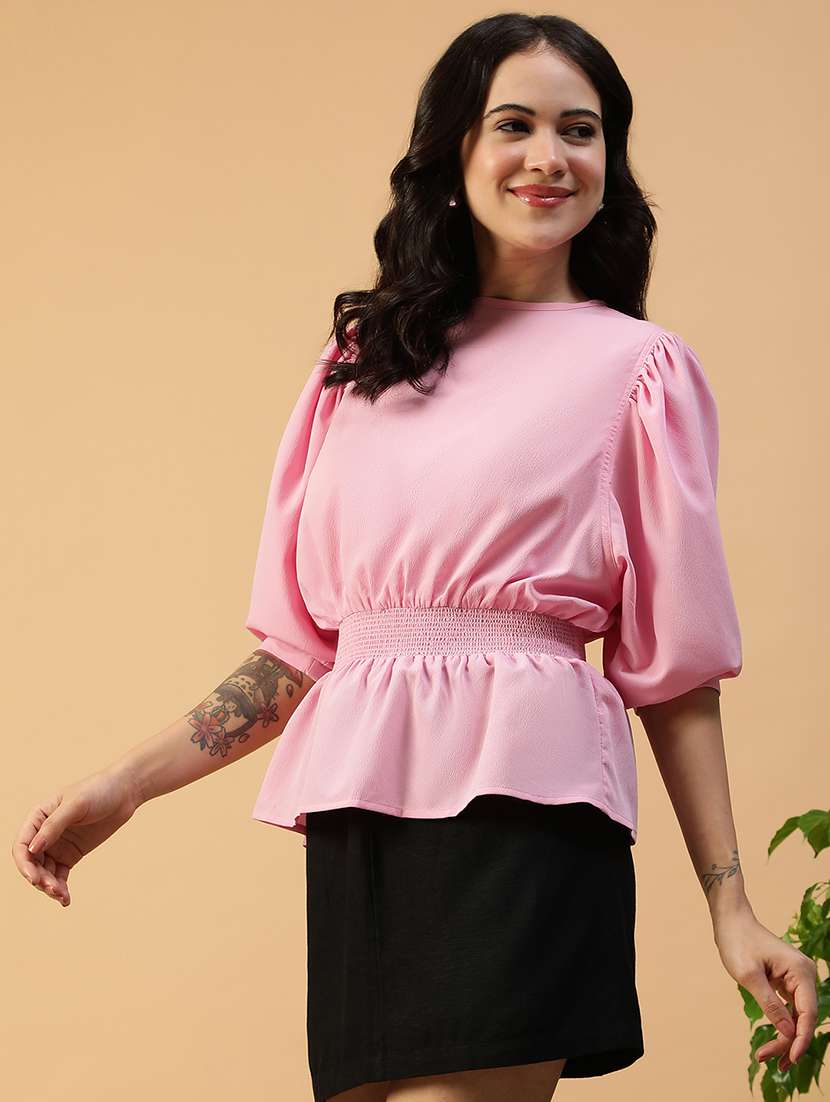 women solid puff sleeve peplum top - 22082637 -  Standard Image - 1