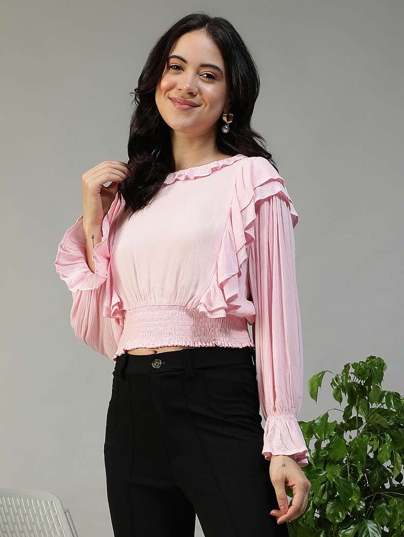 women solid long sleeve ruffle detailed crop top