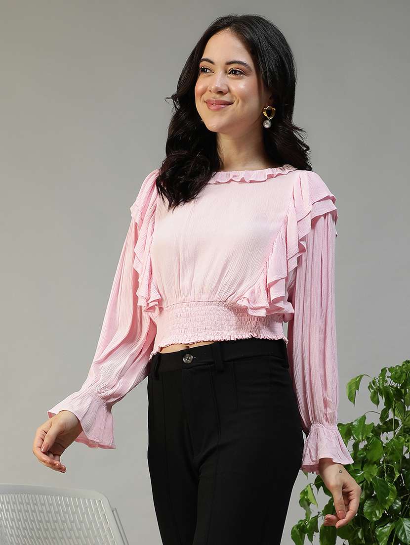 women solid long sleeve ruffle detailed crop top - 22082639 -  Standard Image - 1