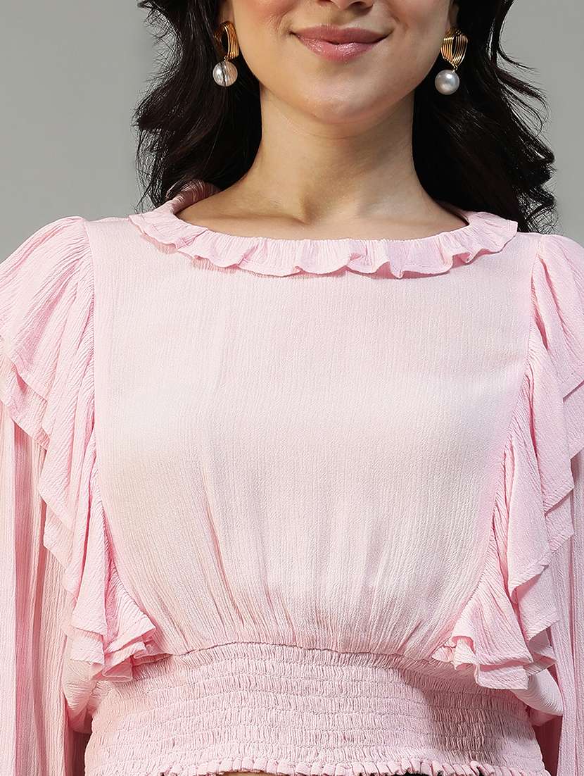 women solid long sleeve ruffle detailed crop top - 22082639 -  Standard Image - 4