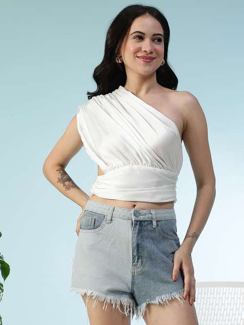 women white solid single shoulder crop top - 22082642 -  Standard Image - 0