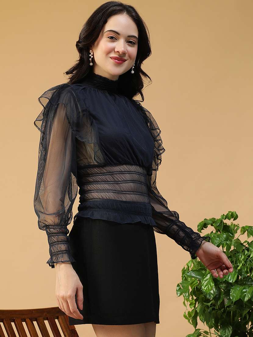 women black solid puff sleeve smocked ruffle top - 22082643 - Standard Image - 1