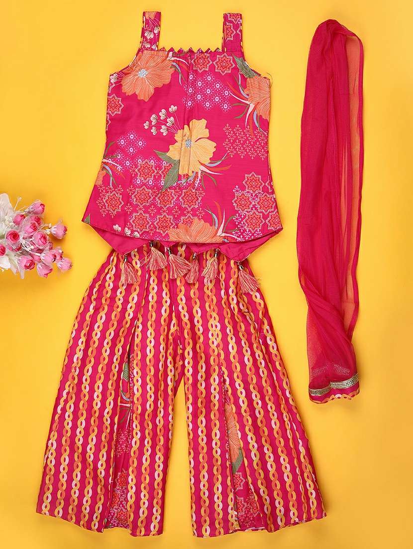Girls Printed Sleeveless Kurta And Palazzo With Dupatta - 22082955 -  Standard Image - 1