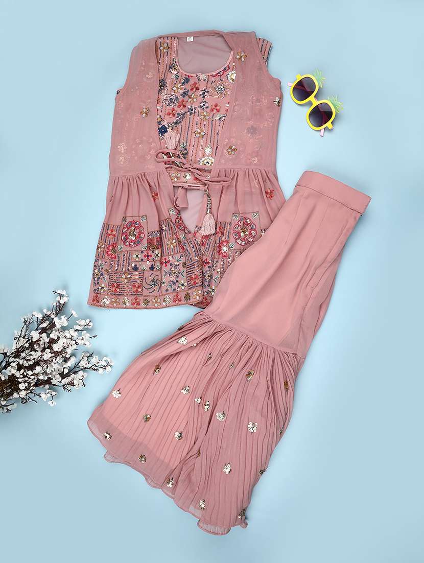 girls solid with work sleeveless kurta sharara set  - 22082956 -  Standard Image - 1