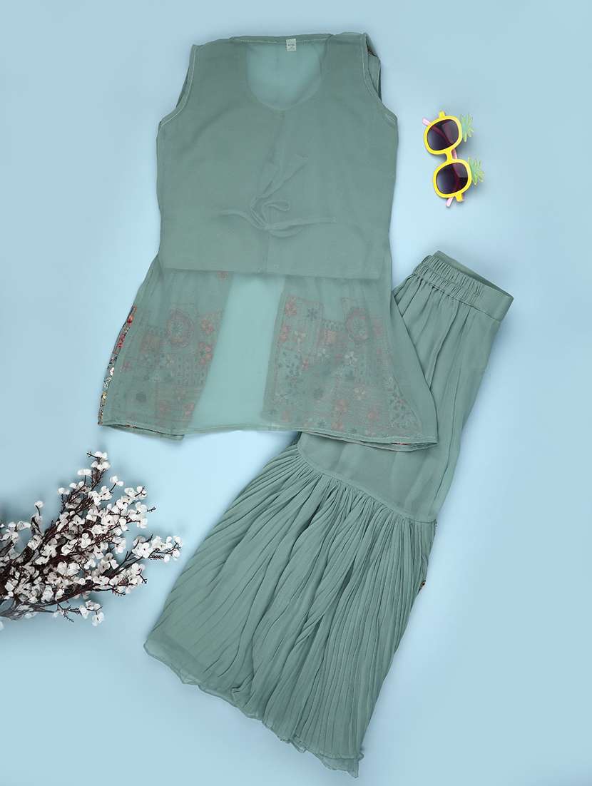 girls solid with work sleeveless kurta sharara set  - 22082957 -  Standard Image - 1