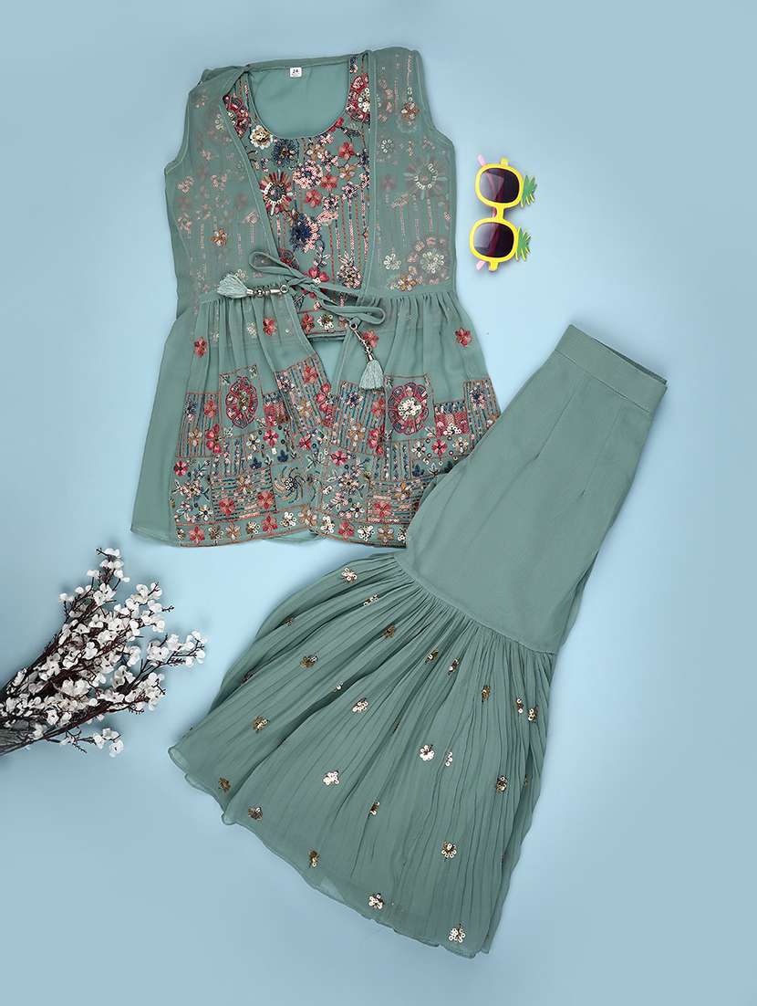 girls solid with work sleeveless kurta sharara set  - 22082957 -  Standard Image - 1