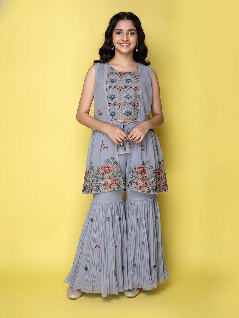 girls solid with work sleeveless kurta sharara set 