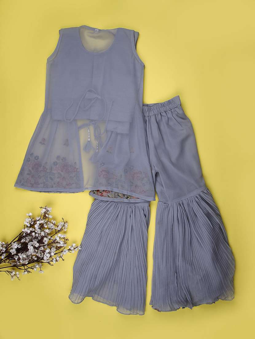 girls solid with work sleeveless kurta sharara set  - 22082959 -  Standard Image - 1