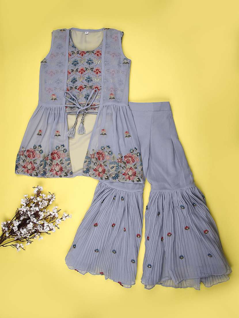 girls solid with work sleeveless kurta sharara set  - 22082959 -  Standard Image - 1