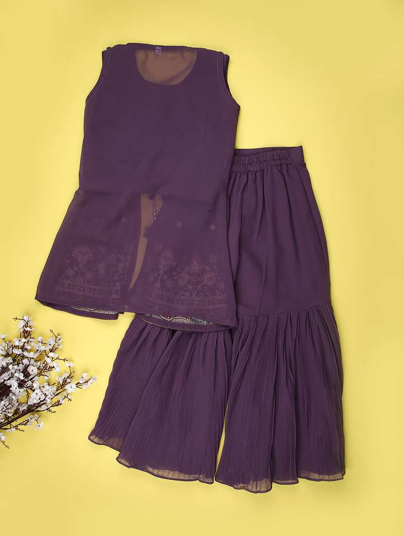 girls solid with work sleeveless kurta sharara set  - 22082960 -  Standard Image - 1