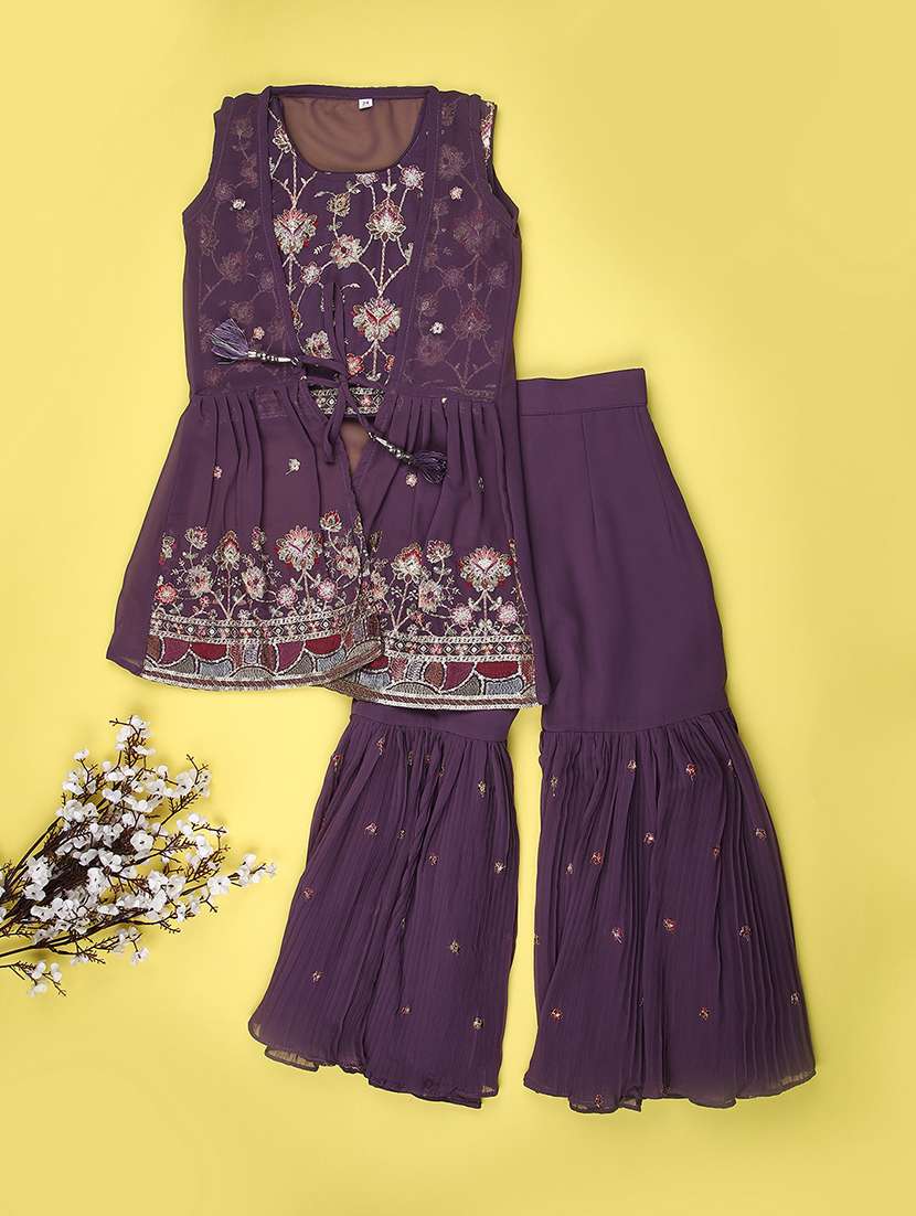 girls solid with work sleeveless kurta sharara set  - 22082960 -  Standard Image - 1