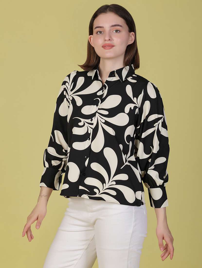 women printed puff sleeve collared shirt - 22082989 - Standard Image - 1