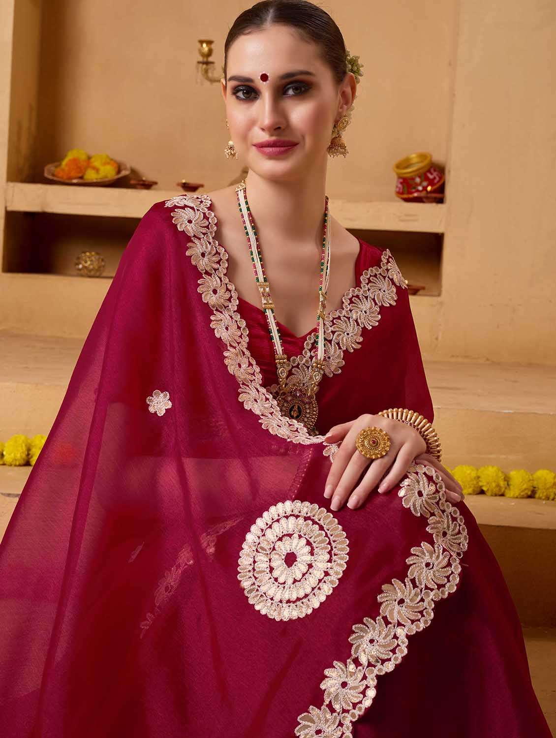 women solid with work embroidered saree with blouse - 22083005 -  Standard Image - 4