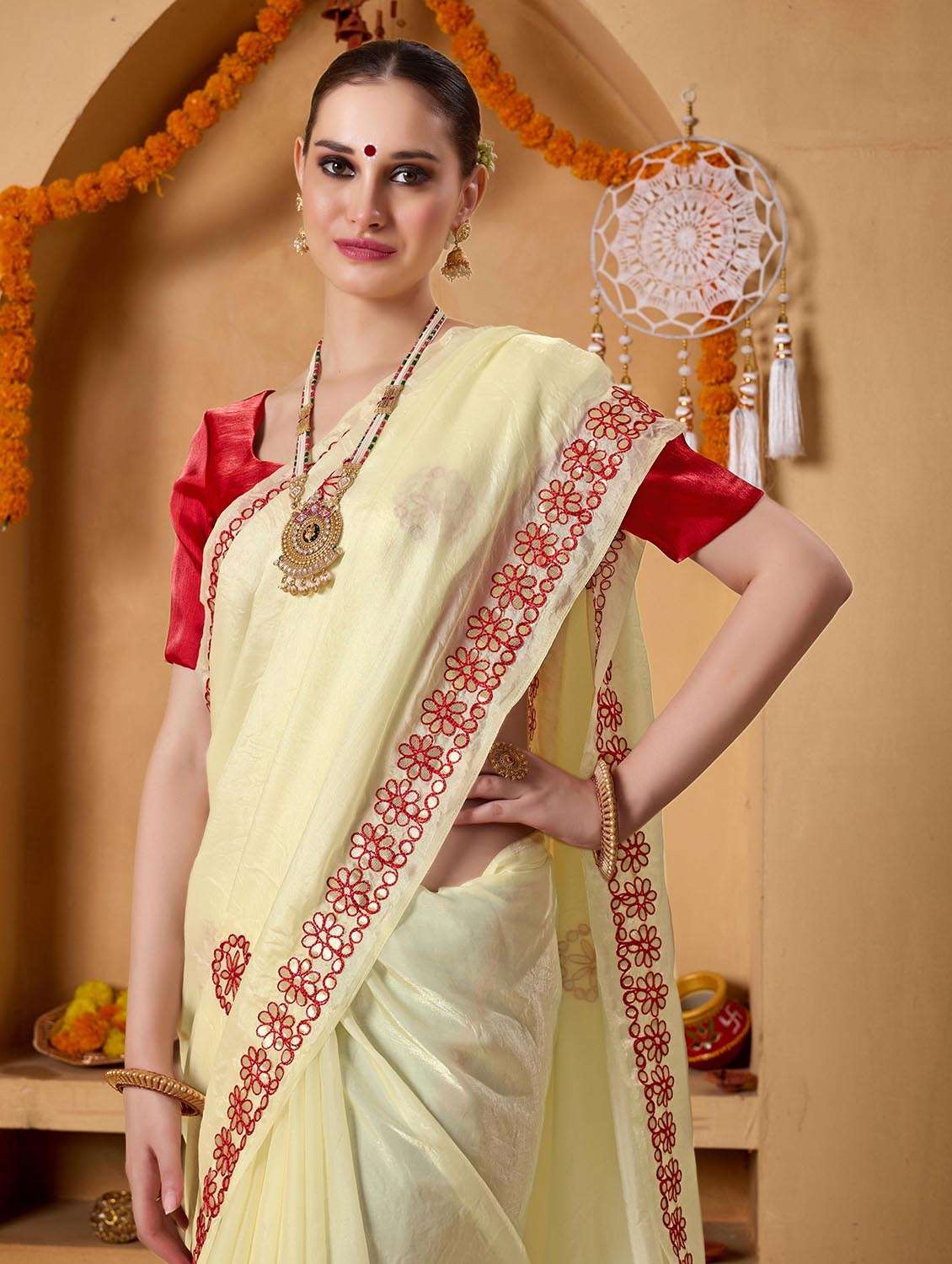 women solid with work embroidered saree with blouse - 22083006 -  Standard Image - 4