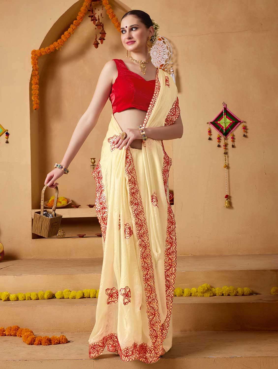 women solid with work embroidered saree with blouse - 22083008 -  Standard Image - 1