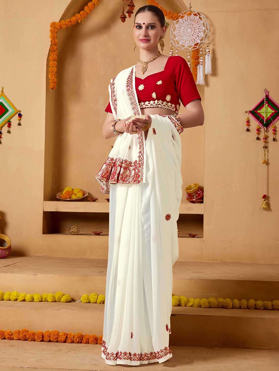 women solid with work embroidered saree with blouse - 22083011 -  Standard Image - 1