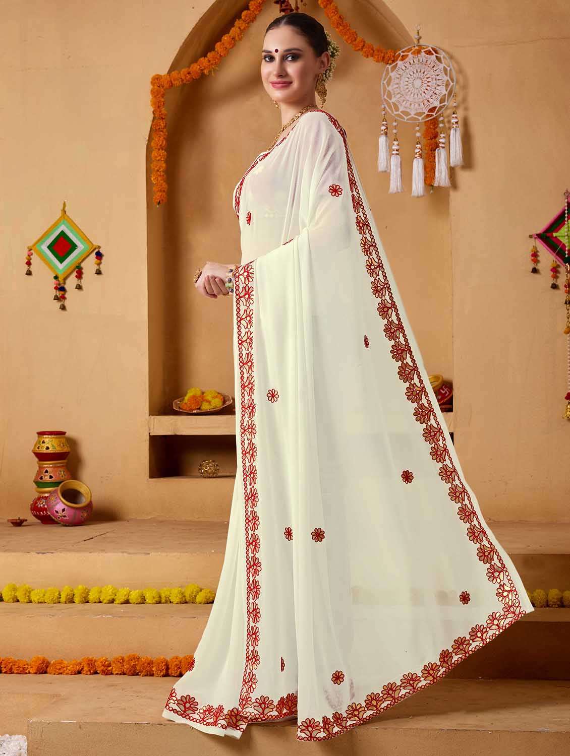 women solid with work embroidered saree with blouse - 22083012 -  Standard Image - 1