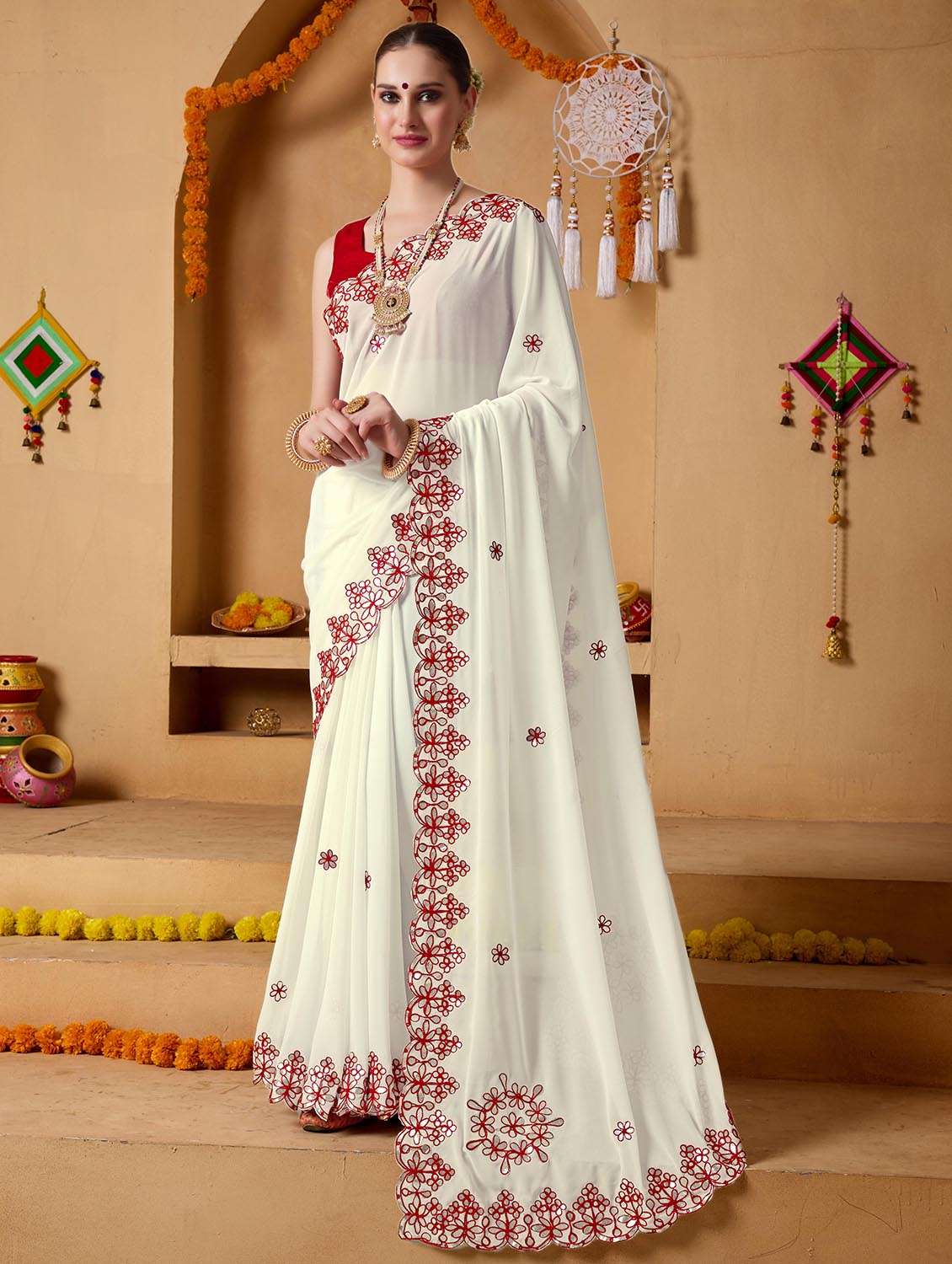 women solid with work embroidered saree with blouse