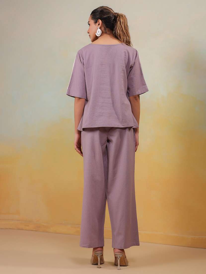women solid short sleeve top & trouser co-ord set - 22083103 -  Standard Image - 1