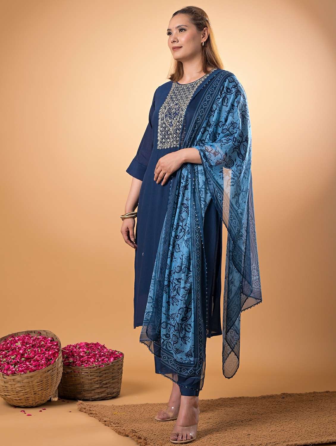 women embroidered three quarter sleeve kurta pant with dupatta set - 22083114 -  Standard Image - 1