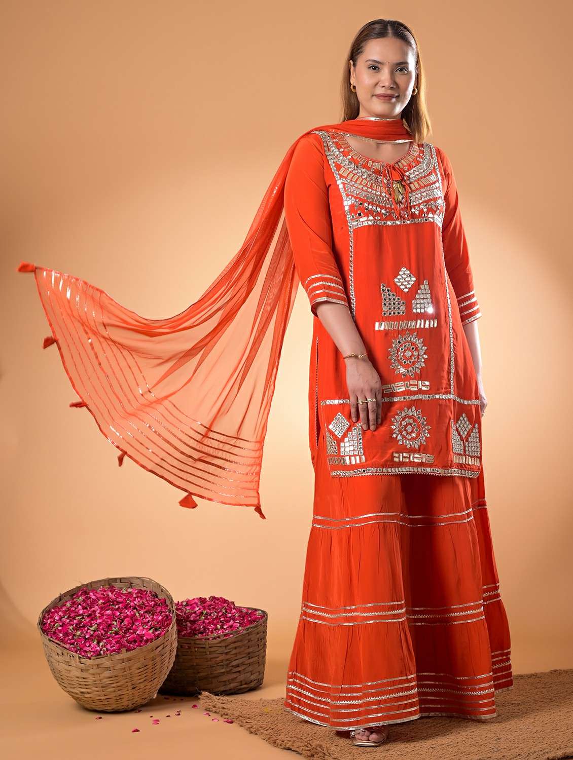 women embroidered three quarter sleeve kurta sharara with dupatta set