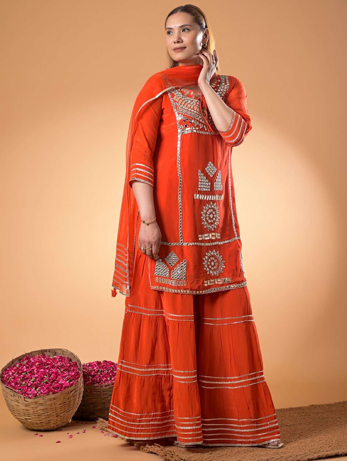 women embroidered three quarter sleeve kurta sharara with dupatta set - 22083118 -  Standard Image - 1