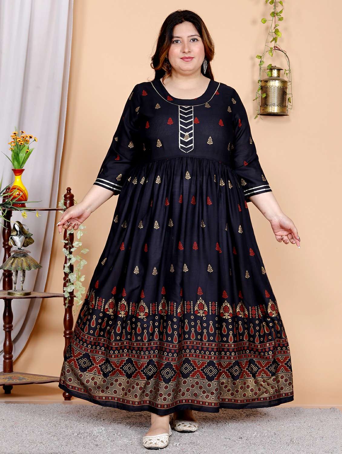 women plus size printed round neck flared dress