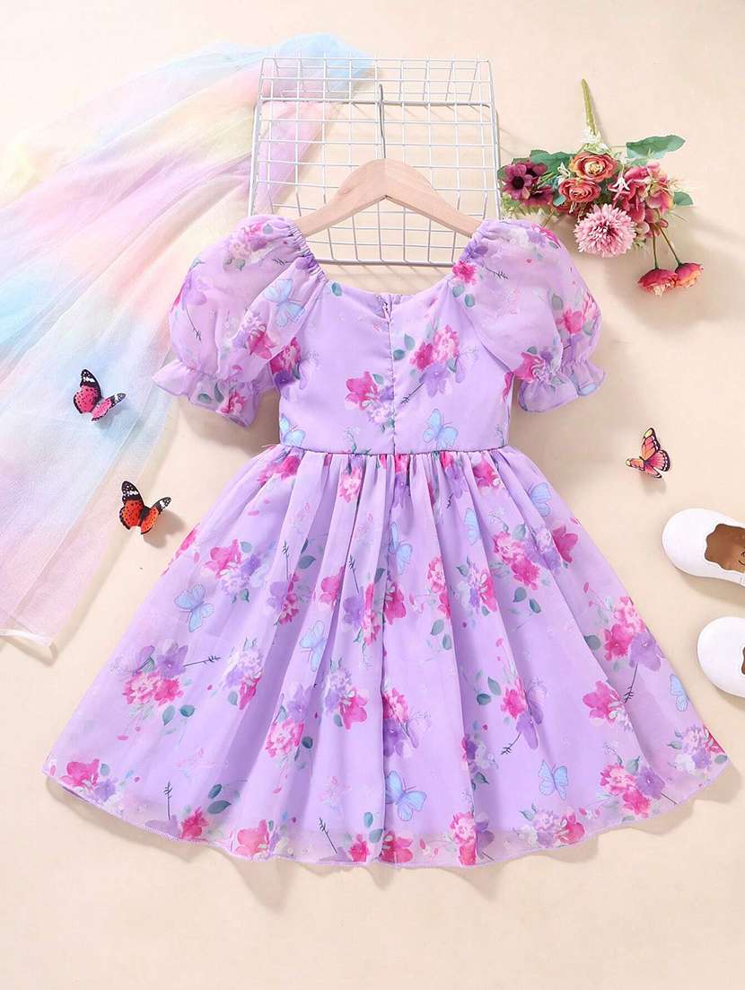 girls floral print puff sleeve flared dress - 22083159 - Standard Image - 1