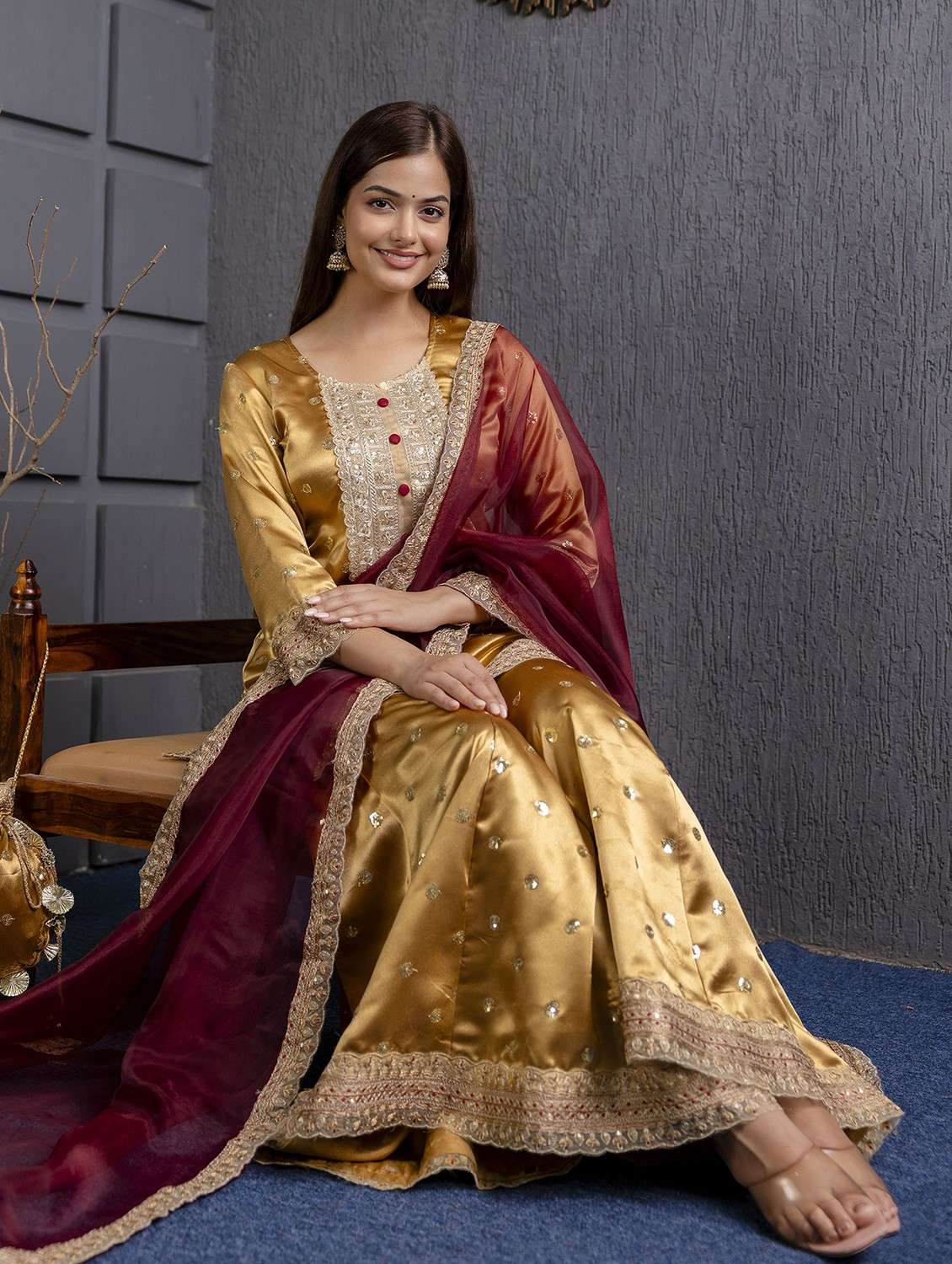 women embroidered three quarter sleeve kurta sharara with dupatta set - 22083222 -  Standard Image - 1